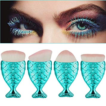 LandFox 4Pcs/Set Fish Scale Makeup Brush Fishtail Bottom Brush Powder Blush Makeup Cosmetic Brush (Blue)
