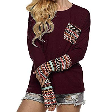 Pengy Womens Pullover Patchwork Casual Loose T-Shirts Tops With Thumb Holes Autumn Bottoming Shirt