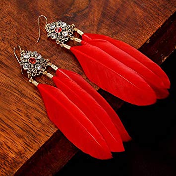 A&C Fashion Bohemia Red Feather and Rhinestones Dangle Earring Jewelry for Women, Indiana Feather Ear...
