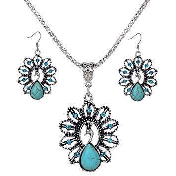 A&C Fashion Bohemia Turquoise Peacock Shaped Necklace and Earring Jewelry for Women. Unique Indina Girl...