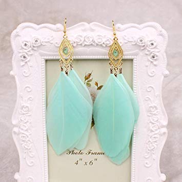 A&C Fashion Bohemia Blue Feather Dangle Earrings Jewelry for Women, Hot Sell Indian Feather Eardrop for Girls.