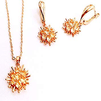 Mother's Day Gift Champagne Sunflower Drops Zirconia Pendant Necklace Earrings Gold Plated Jewelry Set