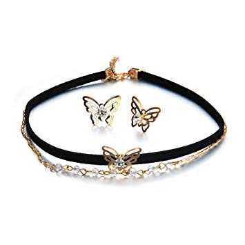 Vogue Gold-Tone Butterfly Choker Necklace Earrings Jewelry Set Bridesmaid Gift