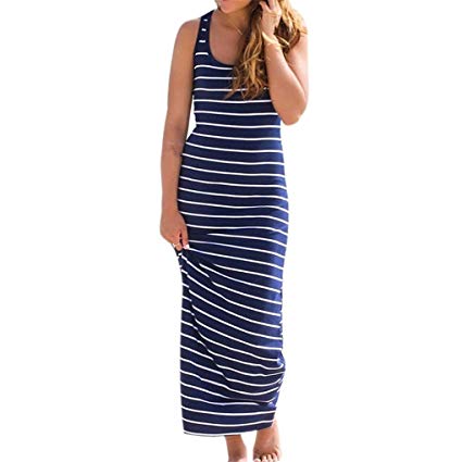 Haoricu Women Dress, Women Sleeveless Striped Loose Long Beach Indoor Casual Sundress (XXL, Blue)