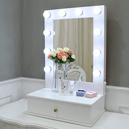 Chende Hollywood Makeup Vanity Mirror with Drawer, Tabletops Lighted Mirror with Dimmer, LED Illuminated Cosmetic Mirror with LED Dimmable Bulbs, Tabletop Lighting Mirror