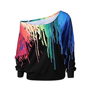 KESEE ☀Ladies oblique Pluse size rainbow printing long-sleeved sweater T-shirt shirt