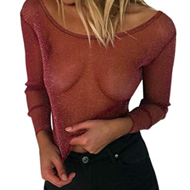 Sumen Shirt, Women's Sexy Net Yarn Off Should Hollow Out Perspective Blouse