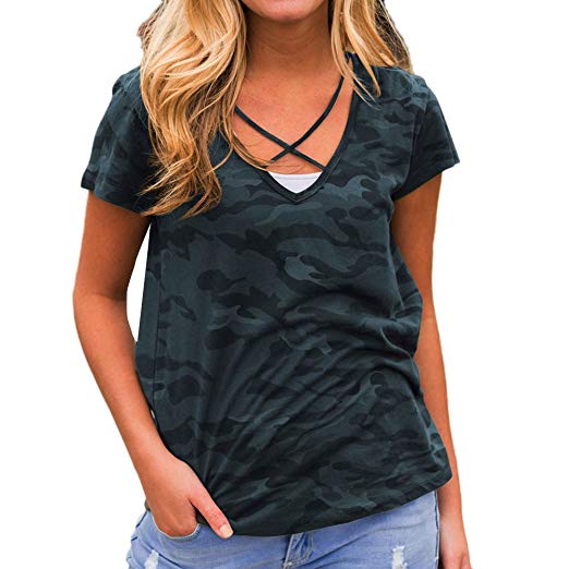 Clearance!!! Pengy Women Camouflage V Neck Short Sleeve Tank Crop Tops Blouse T-Shirt