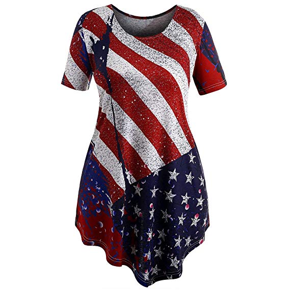 HGWXX7 Women Plus Size Stripe Flag Print Irregular Hem Swing Blouse Tops T-Shirt