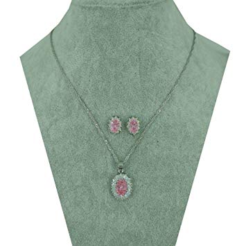 Best Wife Gift Girls Classic Pink Floral Cubic Zirconia Oval Pendant Necklace Earrings Silver Plated Jewelry Set