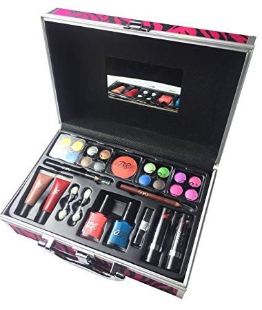 BR Professional Carry All Trunk Train Case Reusable Case Makeup Gift Set with Makeup (Professional, Pink Stripes)