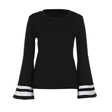 Women's Blouse, LUNIWEI Women Casual Loose Flare Long Sleeve Shirt O Neck Top Blouse (XL, Black)